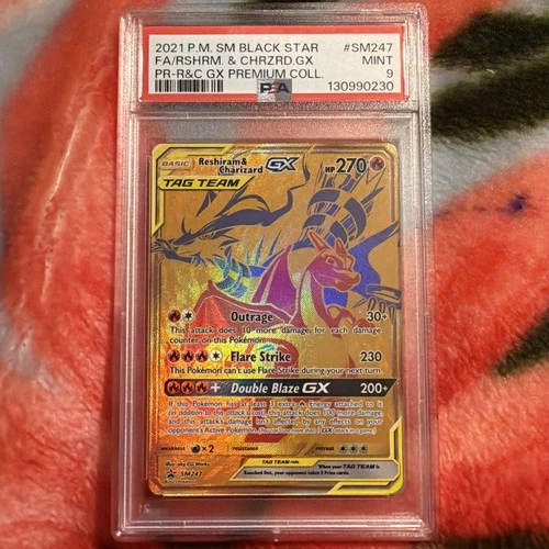 2021 Reshiram & Charizard GX SM247 Tag Team Gold Promo PSA 9 Mint
