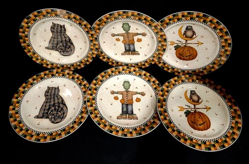 SAKURA DEBBIE MUMM HALLOWEEN SALAD PLATES 8 1/4" SET 6 PUMPKIN FRANKENSTEIN CAT