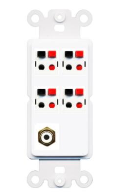 RiteAV 4 Port Speaker Wire Plug Jack Wall Plate+RCA for Subwoofer Rocker [White]