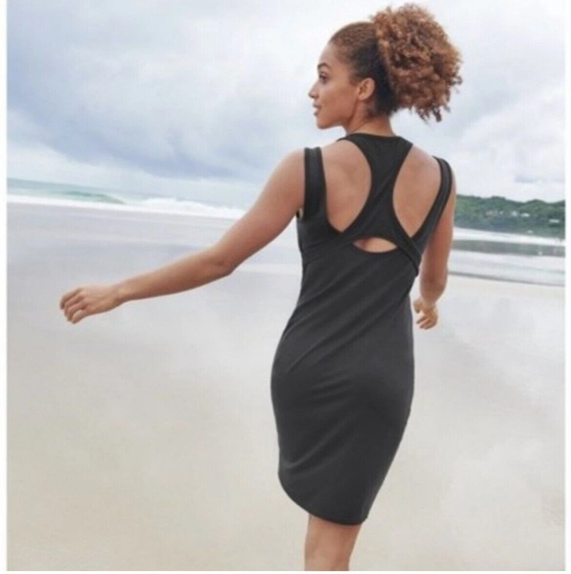 Athleta Black Rafina Cut Out Racerback Mini Dress Shelf Bra Tencel Sz Small