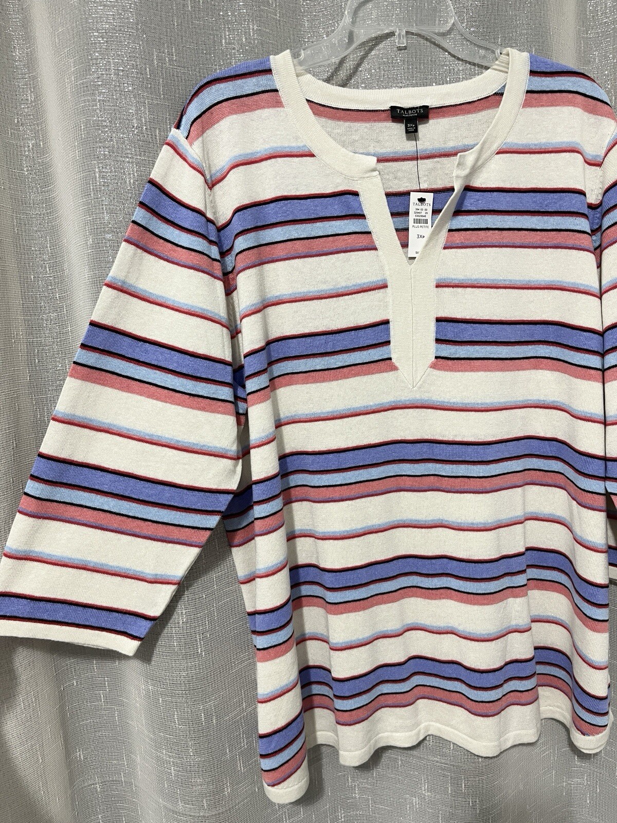 NWT TALBOTS 3X Petite P 3/4 Slv V-Neck Sweater Linen Blend Beige Blue Stripe $89