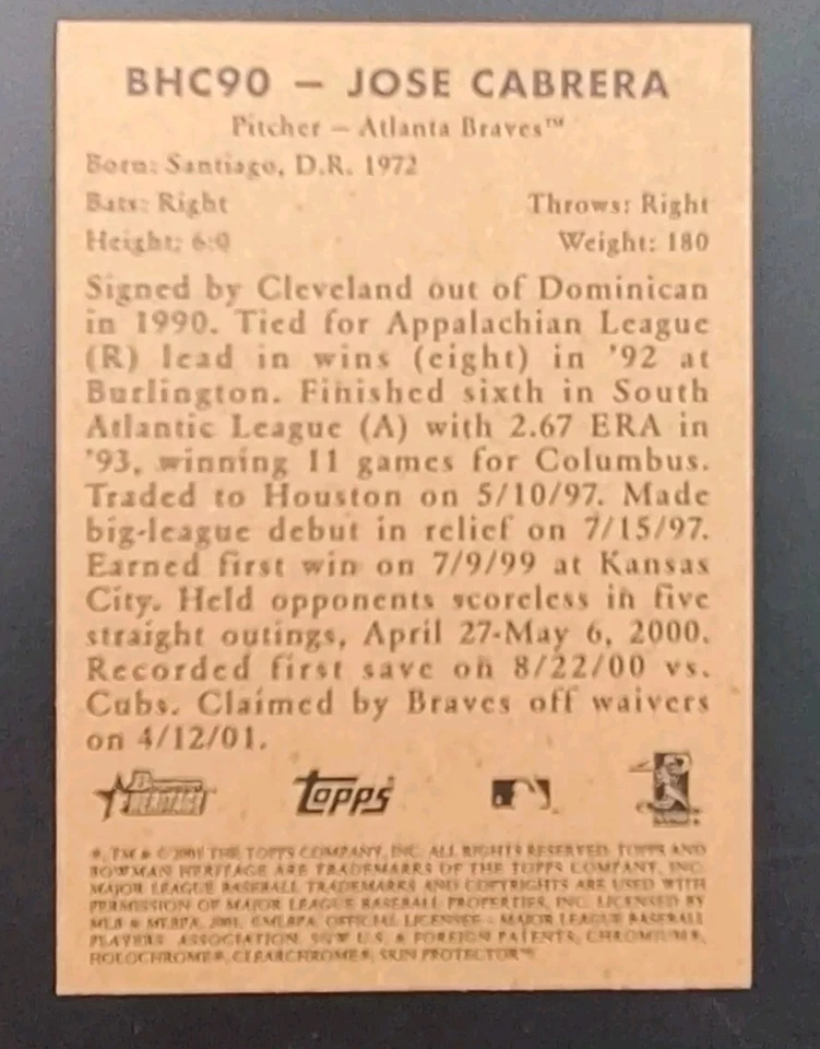 Jose Cabrera 2001 Bowman Heritage Chrome RC #BHC90 - Image 2 of 2