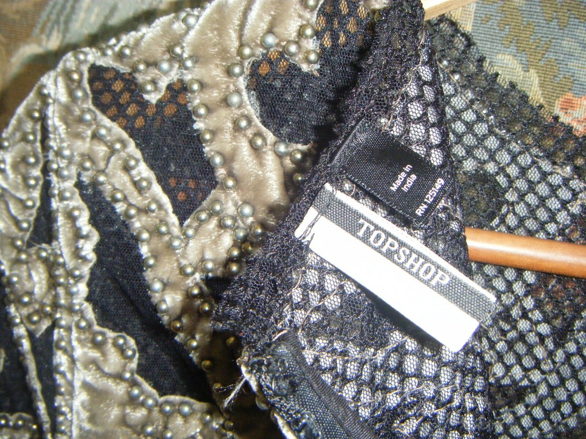 Robe Gothique Topshop En Velours Noir/gris Avec Perles - Taille US 6 (EU 38), Neuve Sans étiquettes, Longueur Genoux