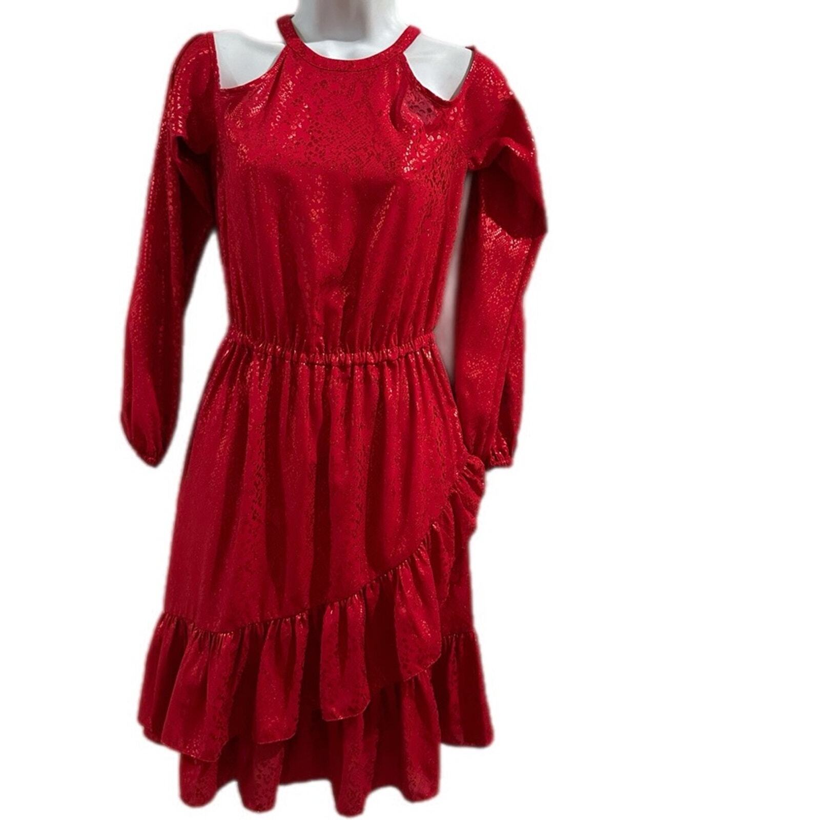 Michael Michael Kors Printed Cold Shoulder Dress Women's S Crimson Long Sleeves