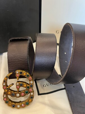 GUCCI Black Leather Belt with Gem Double GG Buckle Size 80 