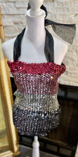 Vintage 1980’s Sequin Tube Top Halter Rainbow Disco Party Bow Party - Picture 2 of 14