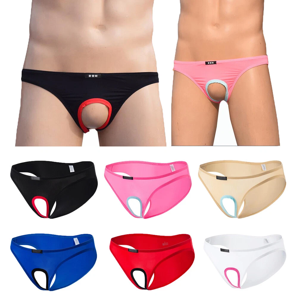 Sexy Mens Underwear Briefs Penis Hole Open Pouch Ice Silk Panties For Male  Gay