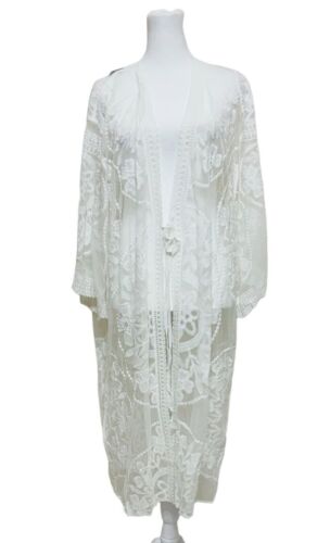 Zaful Forever Young Womens OS Duster Kimono Cover Up White Lace Embroidered Boho