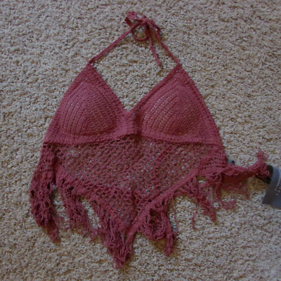 NWT Small Sans Souci Dark Pink Crochet Knit Longer Bikini Top Pad Bra Back Tie