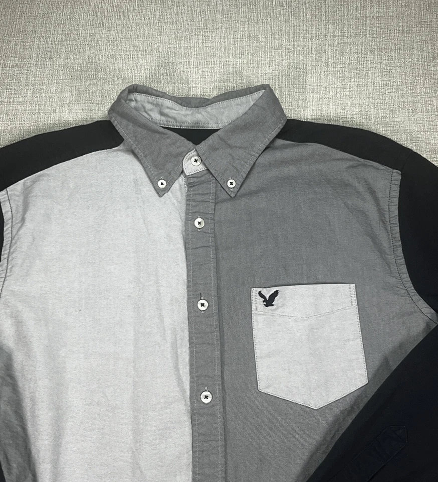 Camisa American Eagle Adulto Grande Azul Gris Abotonada Manga Larga Logo Bolsillo Foto 2 de 4