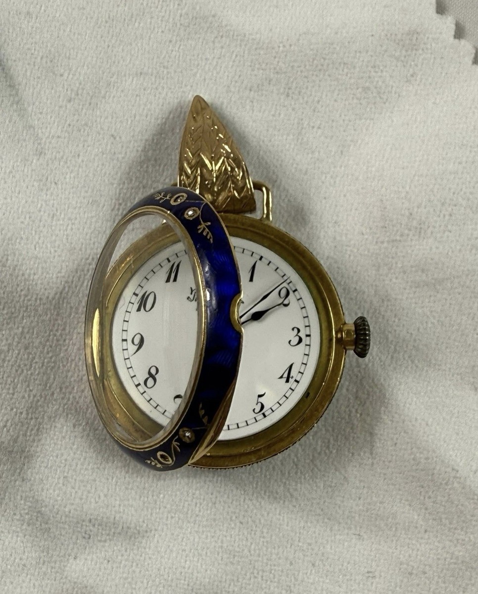 Vintage Tiffany & Co 18k Gold Blue Enamel Old Miner Cut Diamond