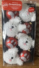 8 Glass White Puppy Dog and Paw Prints Christmas Or Valentines Day Ornaments