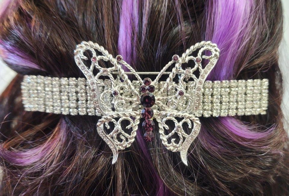 Butterfly Brooch French Barrette Hand Crafted Purple Rhinestones Special Elegant - Image 2 of 4