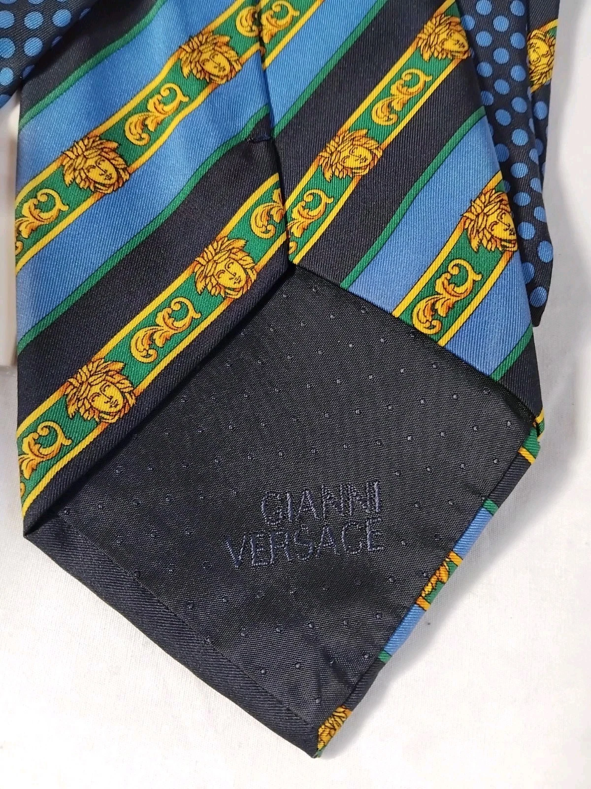 Gianni Versace Blue Gold Striped Medusa Head Silk Necktie Made In Italy - product detail image 5
