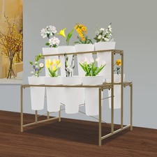 Flower Display Stand W/ 12 buckets Gold Shelf  White Round Bucket 2 Tier
