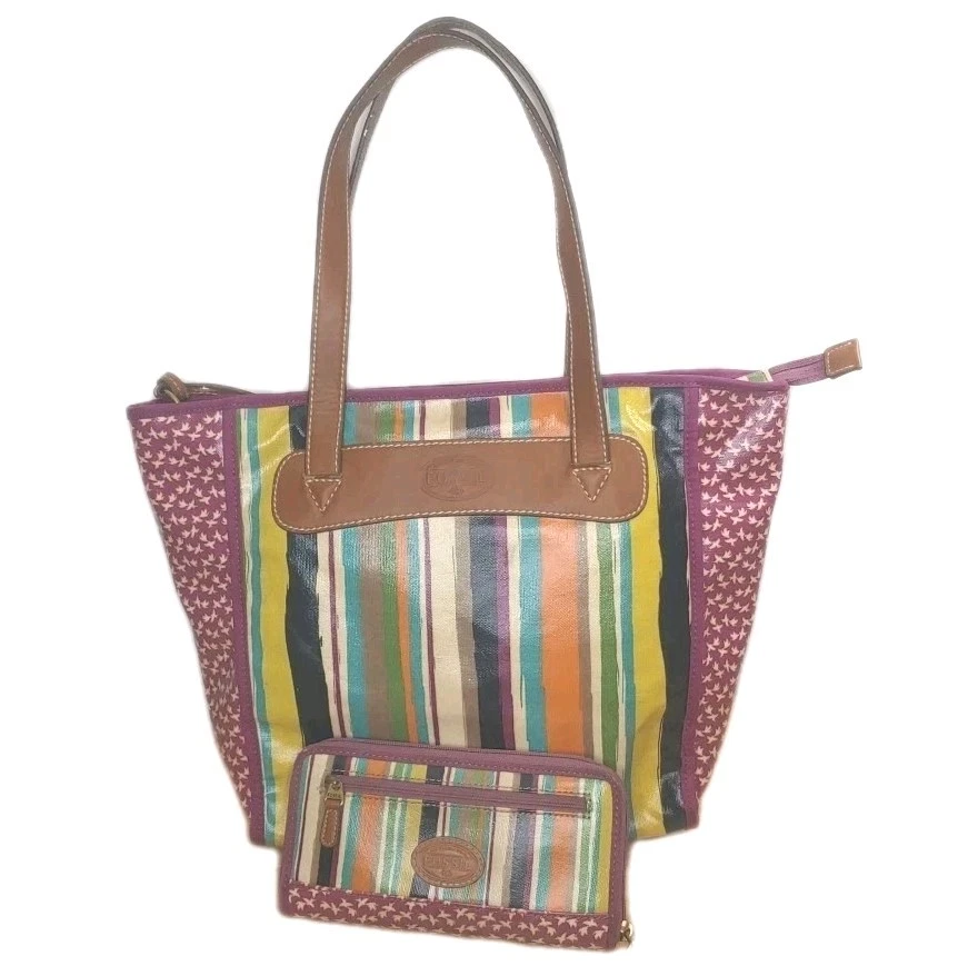 Bolso de Mano y Cartera Fossil Key Per de Lona Floral a Rayas Cuero Bolso con Asa Superior Foto 3 de 4