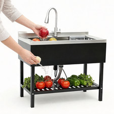 Freestanding Sink Stainless Steel Utility Sink Single Bowl Kitchen Sink w/Faucet