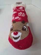 NWT RUDOLPH RED NOSED REINDEER WMNS OSFM COZY GRIPPER BOTTOM SLIPPER SOCK RETRO