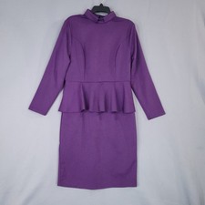 Women's Purple M Mock Neck Peplum Long Sleeve Midi Dress