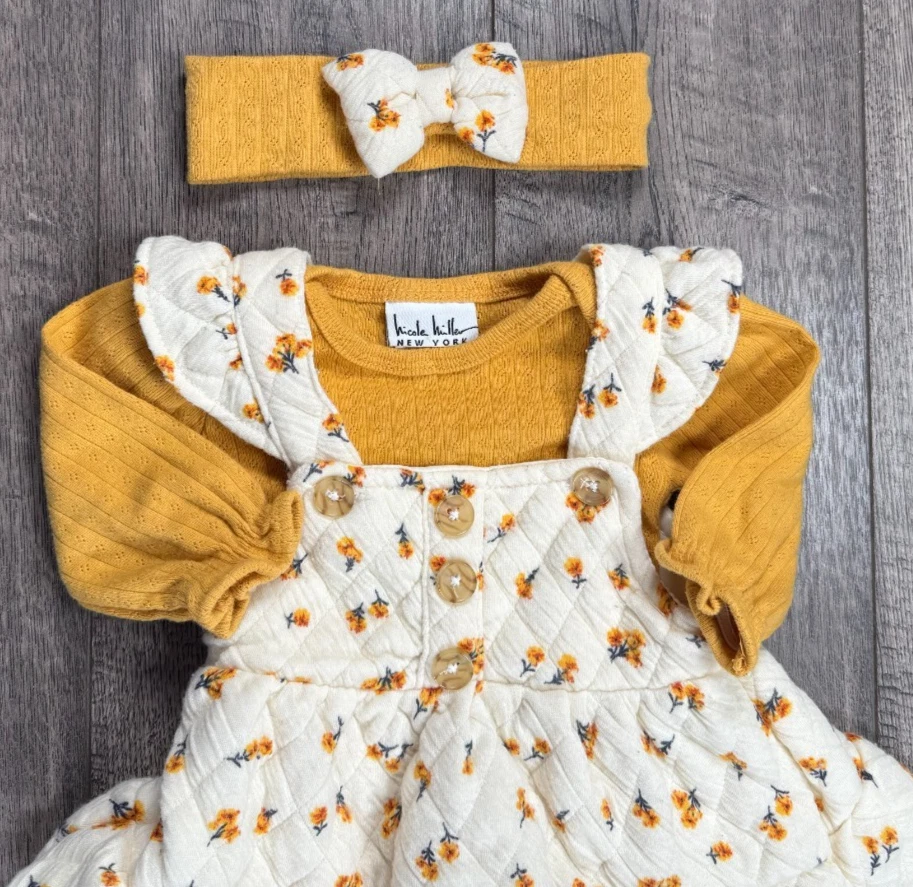 Ropa para bebé niña Nicole Miller 0-3 meses 3 piezas vestido floral amarillo y diadema Foto 3 de 4