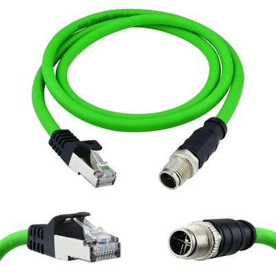 1M M12 X-Coded 8 Pin to RJ45 Cable, Cat6A Shielded, SFTP, 24AWG, Cognex, LAN