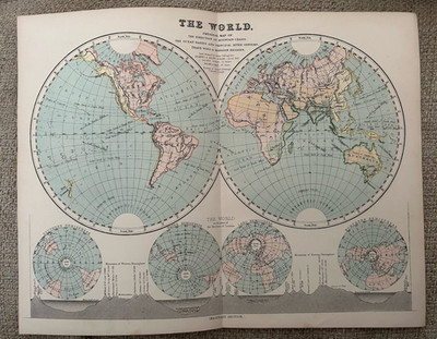 Antike Weltkarte um 1870 Bergketten & Passatwinde ausklappbare Kartographie