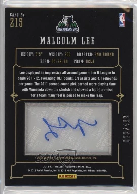 2012-13 Panini Timeless Treasures Glass /499 Malcolm Lee #215 Rookie Auto RC - Image 2 of 2