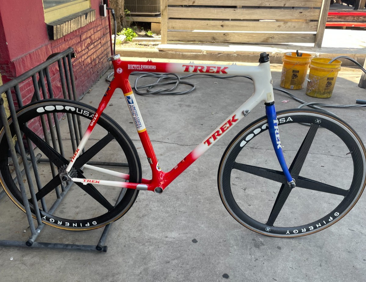 (Used) Trek U.S. Postal carbon fiber frame size 56, and Spinergy 4 spoke USA version (500.00 USD)