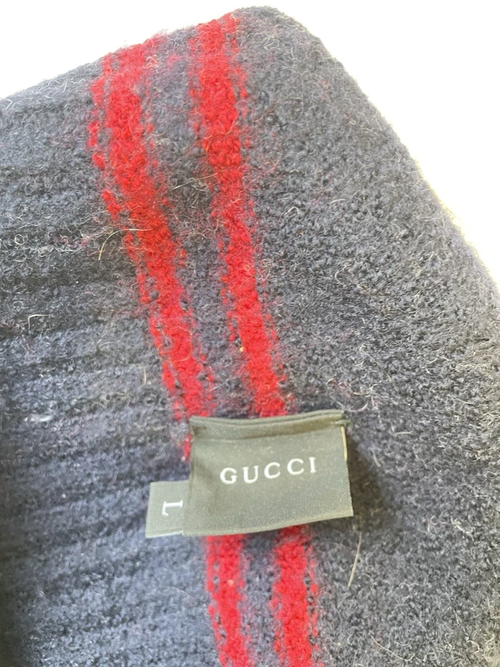 Y9# Gucci 100% Lana Gorro Azul Marino Rojo Rayas Hecho en Italia Talla L Unisex Foto 3 de 4
