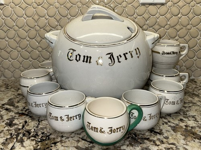 #ad #ad Tom And Jerry Egg Nog Punch Bowl Tureen W LID w 10 cups Cream Gold Vintage $110.00