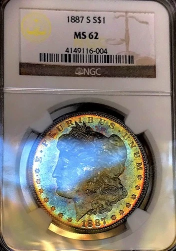 1887 S MORGAN DOLLAR NGC MS62! HUGE RAINBOW OBV! LOOKS PL+DEEP MIRRORS NR #64603