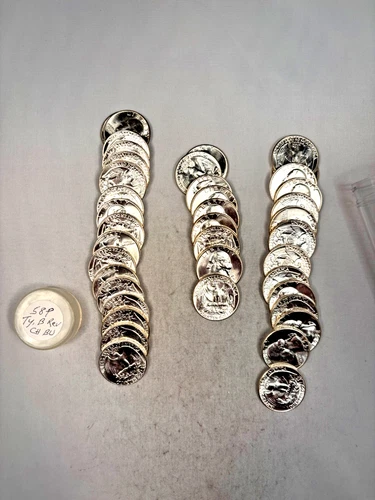 1958P WASHINGTON QUARTER 90% SILVER CH. BU BRILL. UNC. 40 COIN ROLL TYPE B REV.