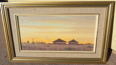 South African art painting sunset landscape & traditional homes Wim Kosch listed