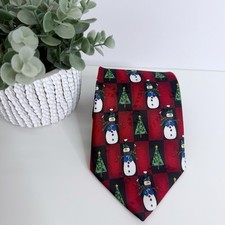 Yule Tie Greetings Christmas Tree Snowman Print Tie Red Black 3 7/8  x 57  
