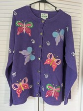 Quacker Factory Vintage Butterfly Cardigan Sweater Purple Womens L Ramie 90s