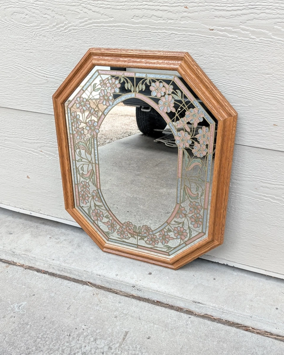 Vintage Windsor Art Pastel Blue Bonnets Etched Floral Octagonal Oak Wall Mirror