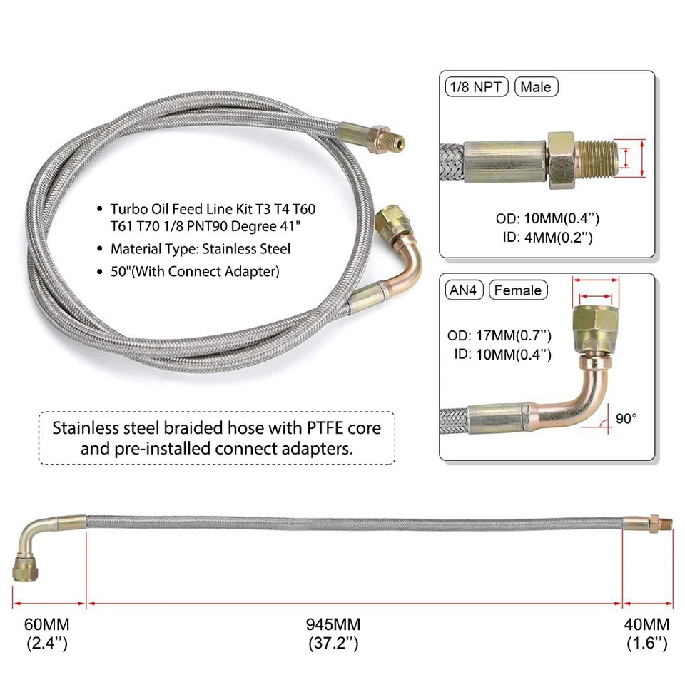 41" 90 DEGREE4AN TURBO OIL FEED LINE KIT Fit for: T3 T4 T60 T61 T70 1/8 NPT US - Image 3 of 4
