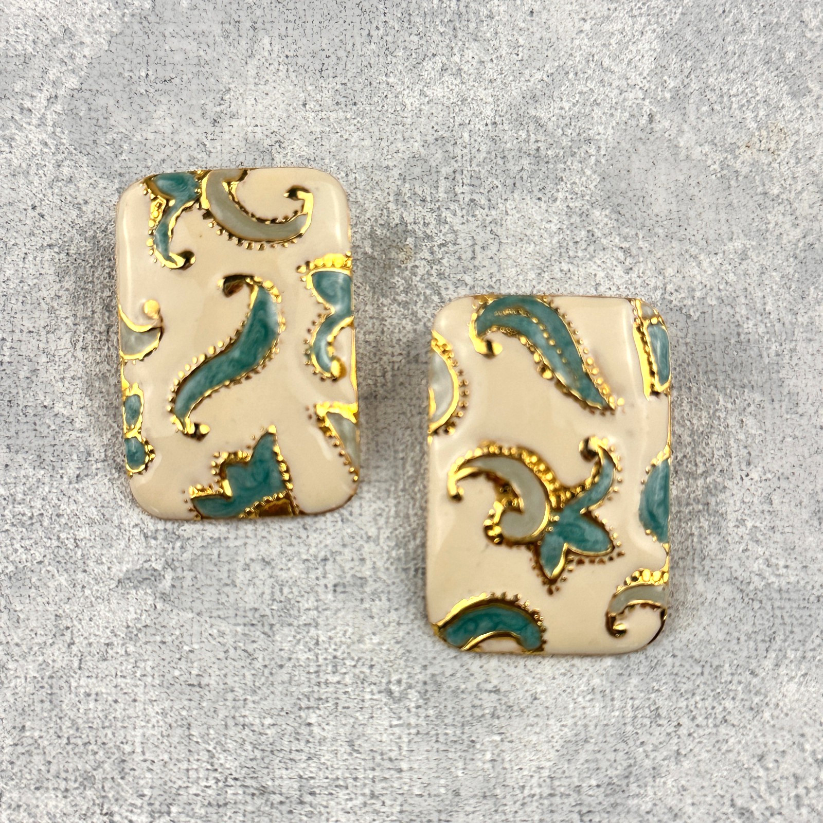 Pierced Earrings Coro Rectangular Beige Enamel Go… - image 1