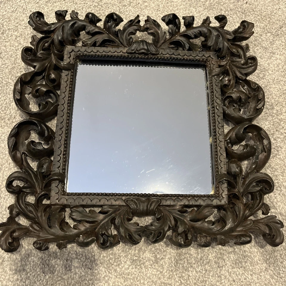 "Espejo con marco de resina marrón oscuro de 12x12"" estilo barroco francés raro de colección" Foto 2 de 4