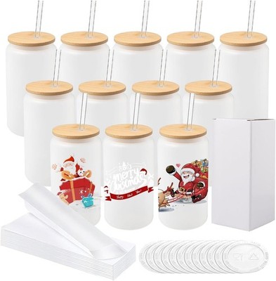 Klare Sublimationsglas Tassen 16 Unzen Glas Becher mit Bambusdeckel 12 Stück