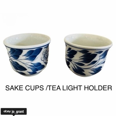 Blau & Weiß Keramik Sake Tasse x 2 (Tee/Kerzenhalter/klein) Becher Vintage Paar 90er