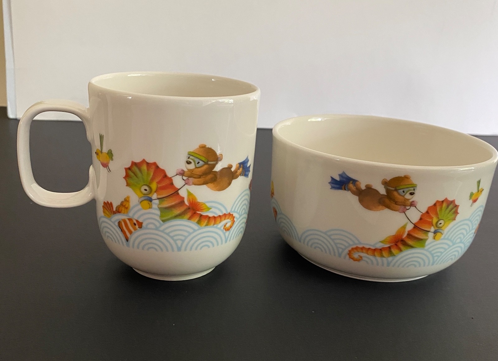 VILLEROY & BOCH CHILD'S BREAKFAST SET BEAR ON THE SEA DOLPHINS & SEAHORSE 3 PC