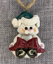 Vtg 1990 Suzi Skoglund Original Signed Clay Ornament Santa Bunny, Bow, Bells