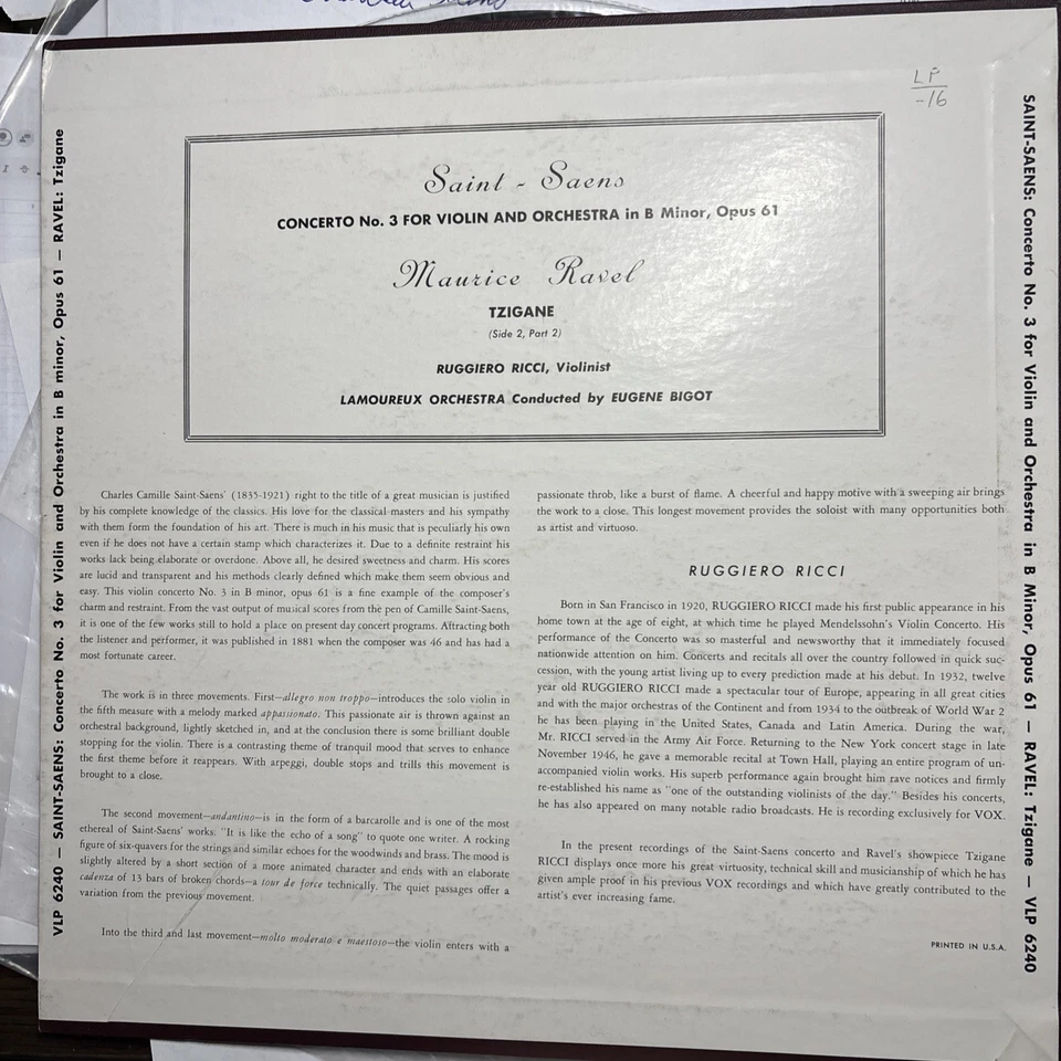 Saint Saens Violin Concerto - Ruggiero Ricci Eugene Bigot  VOX VLP 6240 Mono LP - Image 2 of 3