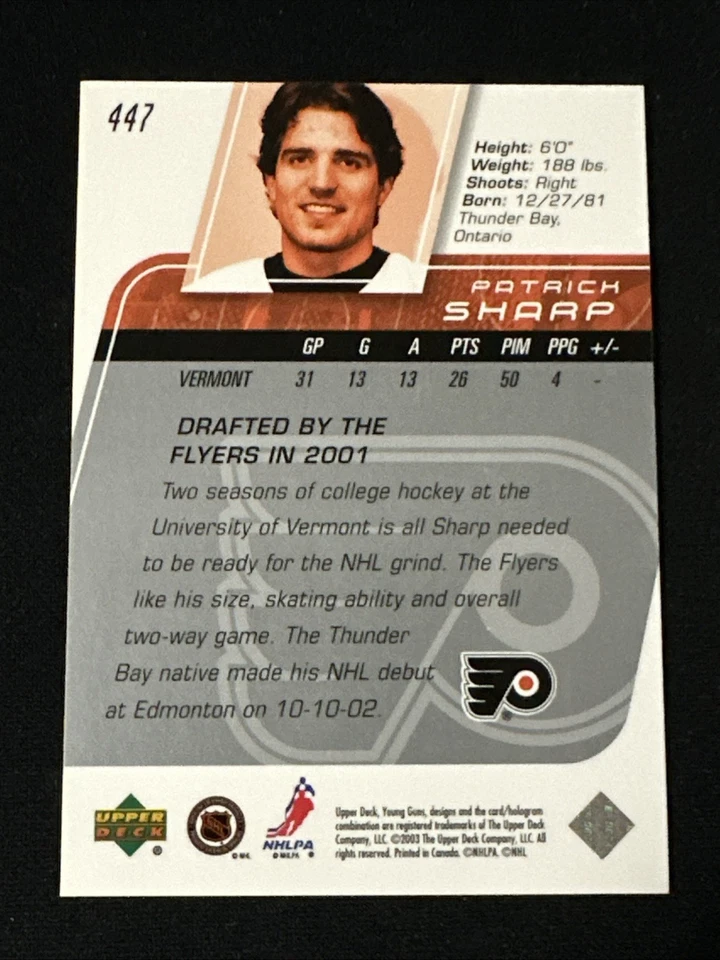 2002-03 Upper Deck Young Guns 447 Patrick Sharp Philadelphia Flyers - Image 2 of 2