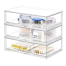 3 Pack Stackable Makeup Organizer, 12.1''L Acrylic Bathroom Organizer and Sto...