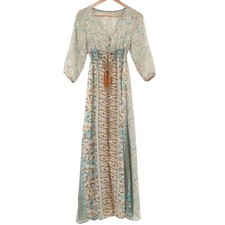 Sheer Floral Print Maxi Dress Boho Beachy Smocked Waist Tassel Tie Size M