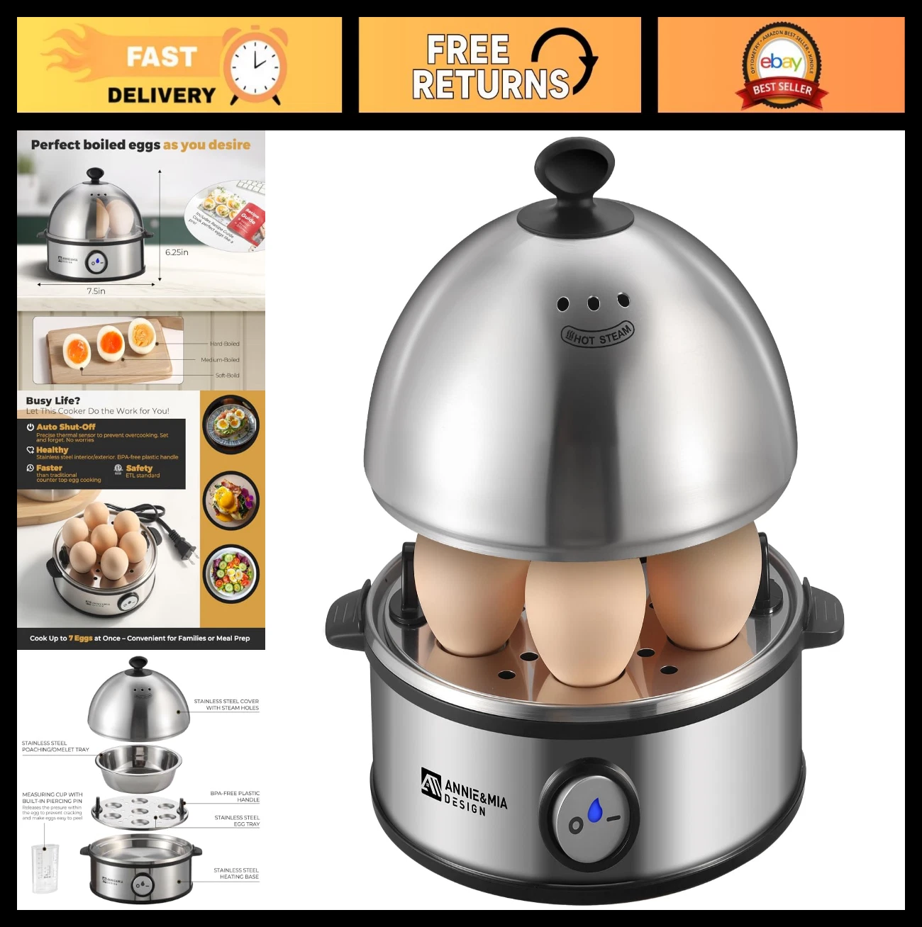 Stainless Steel Electric Egg Cooker - 7 Egg Capacity, Hard/Soft Boiled, Auto Shu