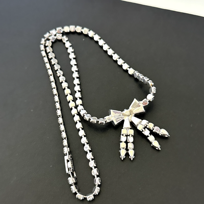 ★ROSEMONT★ Silver Ribbon Pearl Necklace RA24C48E Vintage Parco Designer Clear Ice Rhinestone Silver Tone Bow