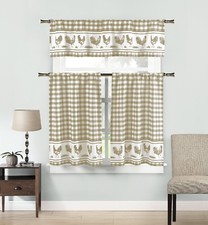 Farmhouse checkered gingham tan white 3 piece kitchen curtain set Rooster Border